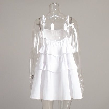 Cross-border spaghetti strap dress European and American style2025Summer Multi-layer Ruffle Cake Dress Short Backless Strap Dress