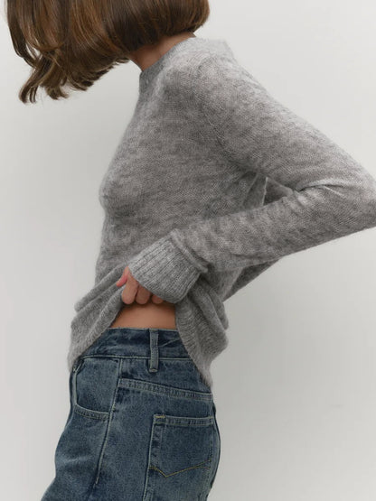 Cross-border Mohair Crew Neck Pullover Sweater European and American Style2025Spring and Summer New Comfortable Knitted Base Semi-Transparent Sweater for Women