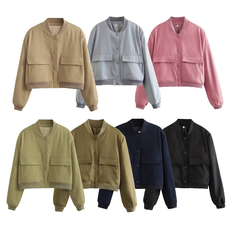 11Color Amazon Cross-Border2025Spring and Autumn New European and American Style Stand Collar Large Pocket Women's Jacket Coat A19621