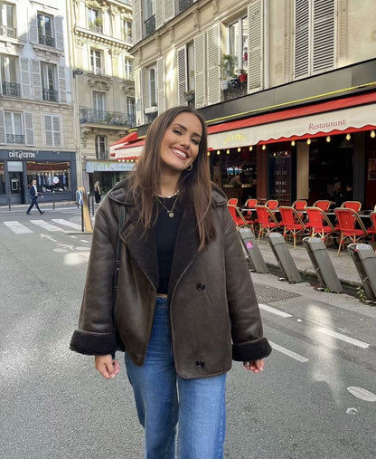 Foreign Trade Women's Clothing Wholesale2025Spring and Autumn New Casual Leather and Fur Integrated Double-Sided Jacket with Turn-Down Collar B88681