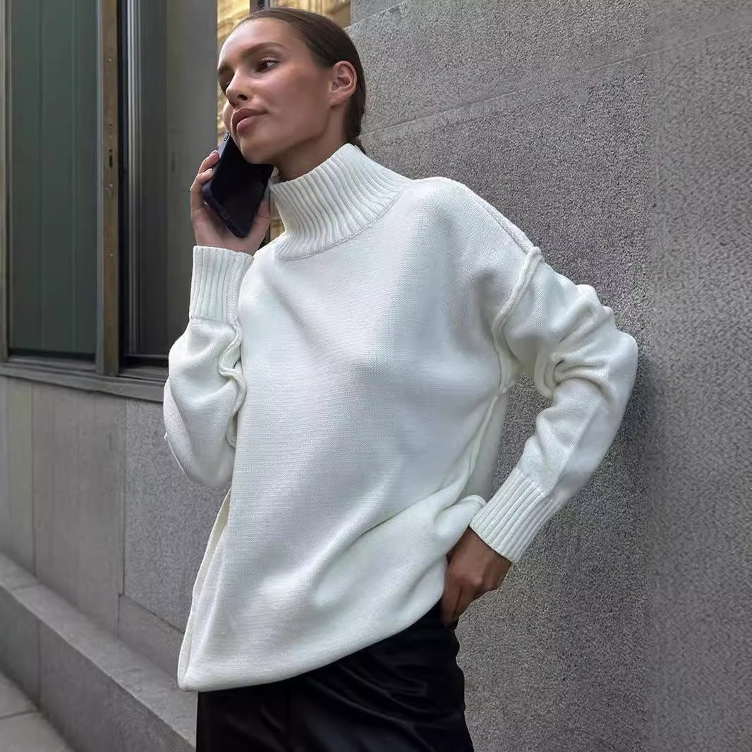 Cross-Border Spliced Turtleneck Sweater for Women, European and American Style, Autumn and Winter New Casual Loose Thick Knitted Pullover