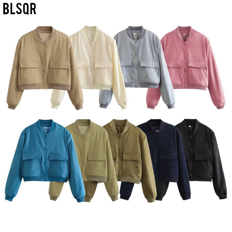 11Color Amazon Cross-Border2025Spring and Autumn New European and American Style Stand Collar Large Pocket Women's Jacket Coat A19621