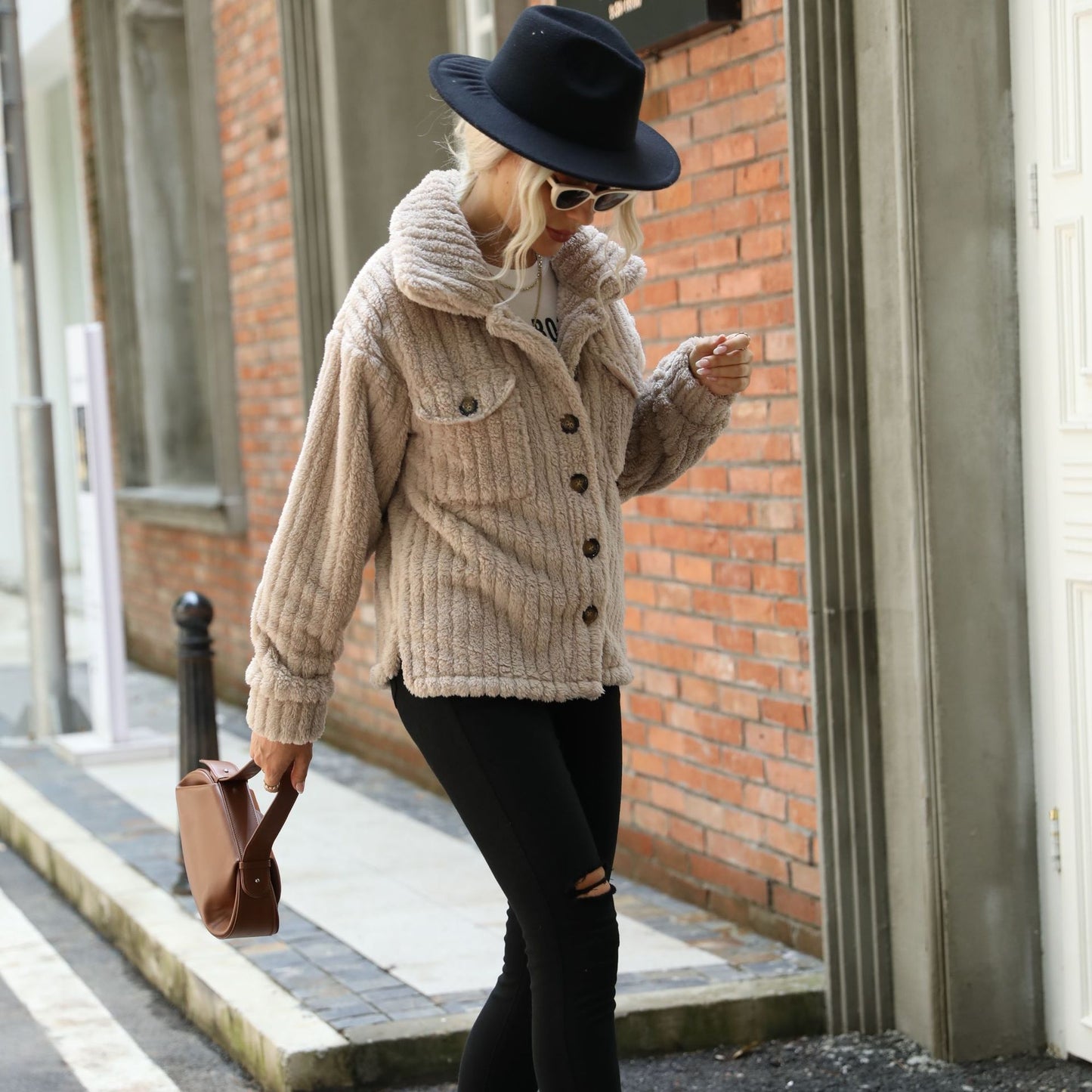 Shiny Velvet Cross-Border European and American Women's Double-Sided Velvet Long-Sleeve Turn-Down Collar Button-Up Solid Color Mid-Length Plush Coat