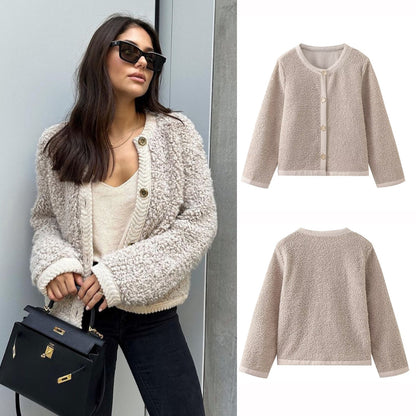 Cross-Border2023European and American Autumn Winter New Women's Solid Color Little Chanel Style Knitted Cardigan Short Woolen Coat B62822