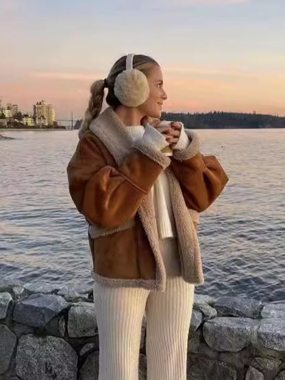 Cross-Border2024Autumn Winter Women's American Retro Woolen Coat with Turn-down Collar Loose Fur Coat for Women B88747