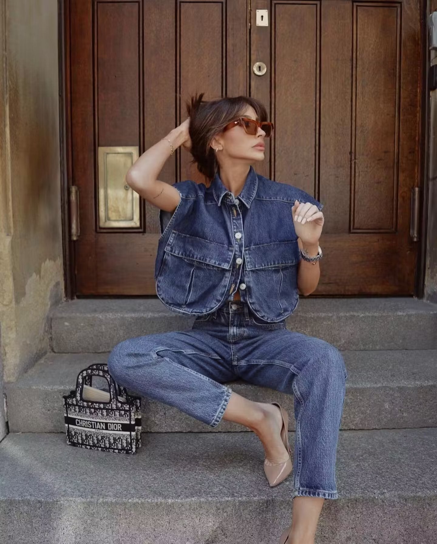 Amazon Women's Solid Color Large Pocket Sleeveless High-End Cardigan Polo Collared Shirt Denim Top A19846