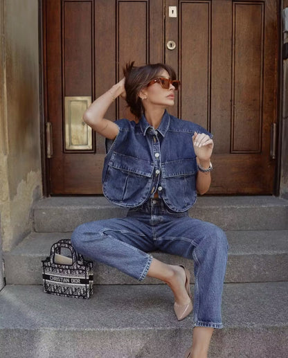 Amazon Women's Solid Color Large Pocket Sleeveless High-End Cardigan Polo Collared Shirt Denim Top A19846