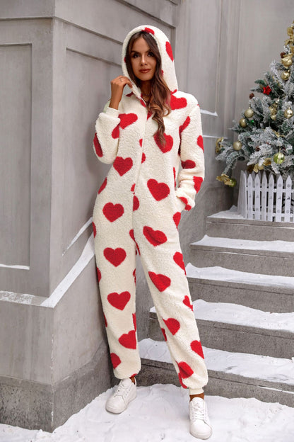 Shiny Velvet2023Cross-border European and American Women's Clothing Amazon Autumn and Winter New Plush Love Heart Print Christmas Hooded Jumpsuit