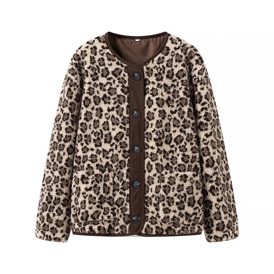 Foreign Trade Amazon Women's Clothing Autumn Winter American Style Leopard Print Casual Loose Long Sleeve Jacket for Women A34397