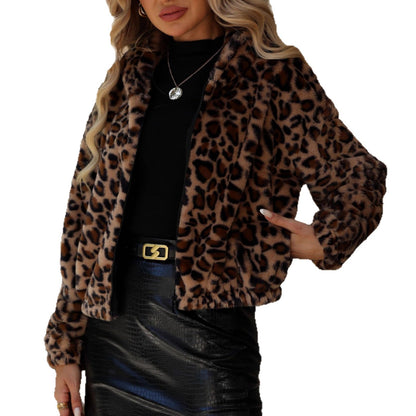 Shiny Velvet2025Cross-border Women's Clothing Amazon European and American Autumn Winter New Loose Zipper Long Sleeve Leopard Print Furry Coat
