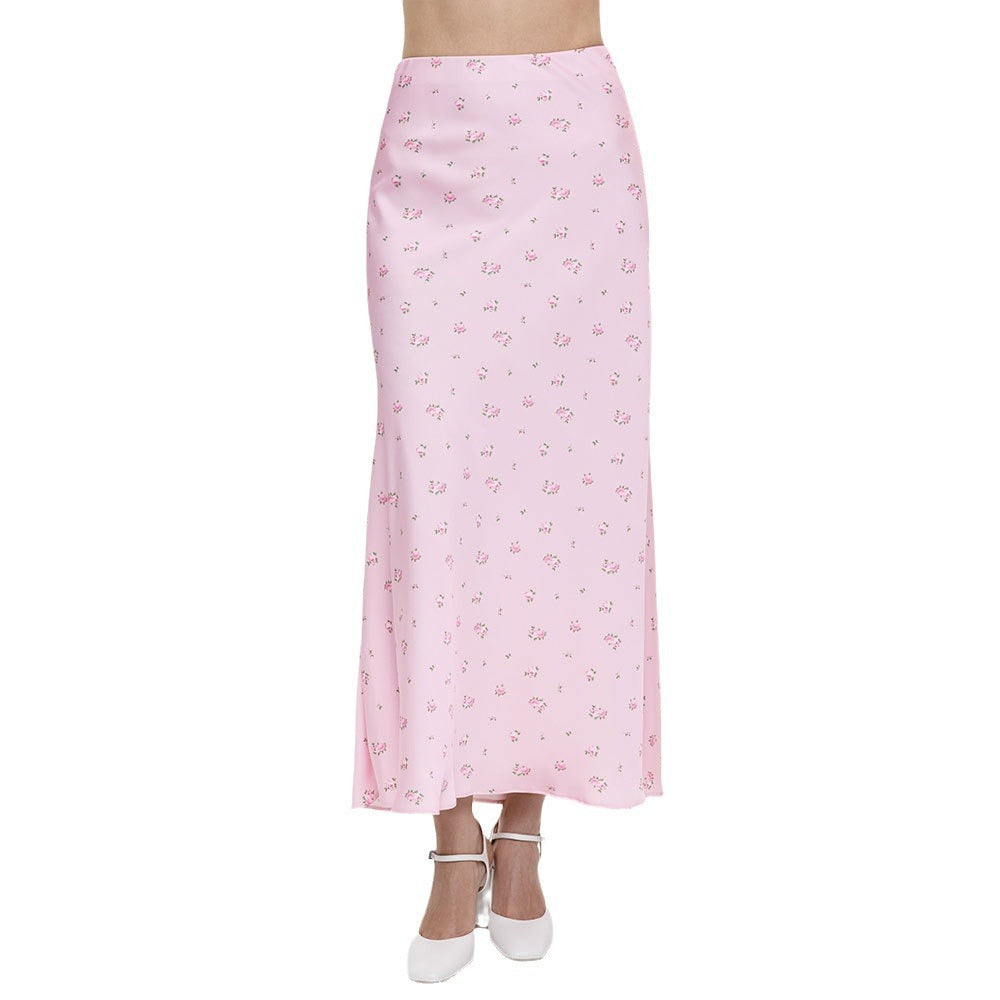Cross-border Printed Midi Skirt European and American Style2025Spring and Summer New Elegant Floral Satin Printed Draped High-Waisted Skirt