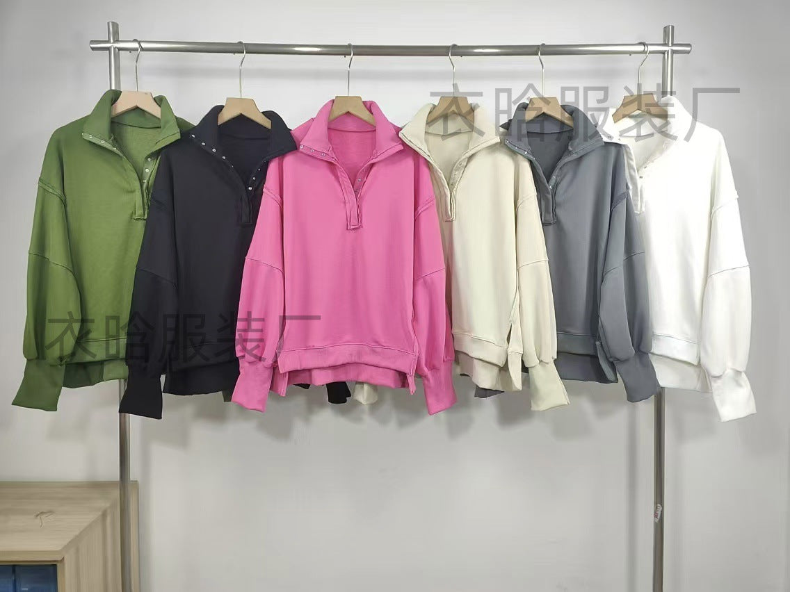 2024Amazon Hot-Selling Design Women's High-Quality Lantern Sleeve Decorative Line Split Collar Loose Sweatshirt