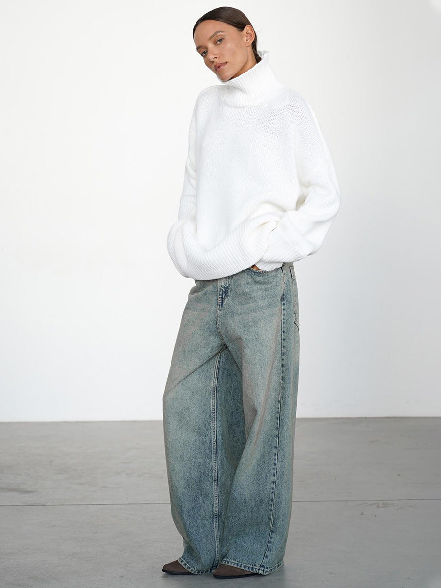 Cross-Border2025Hot-Selling European and American Style Autumn Winter Solid Color High Neck Knitted Sweater Loose Slimming Versatile Knitted Sweater for Women