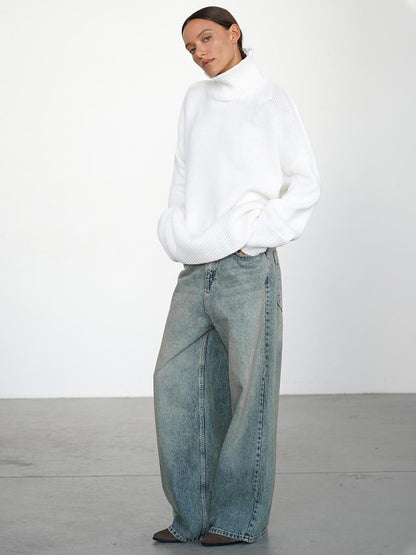 Cross-Border2025Hot-Selling European and American Style Autumn Winter Solid Color High Neck Knitted Sweater Loose Slimming Versatile Knitted Sweater for Women