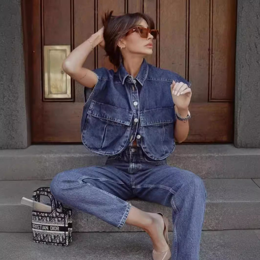 Amazon Women's Solid Color Large Pocket Sleeveless High-End Cardigan Polo Collared Shirt Denim Top A19846