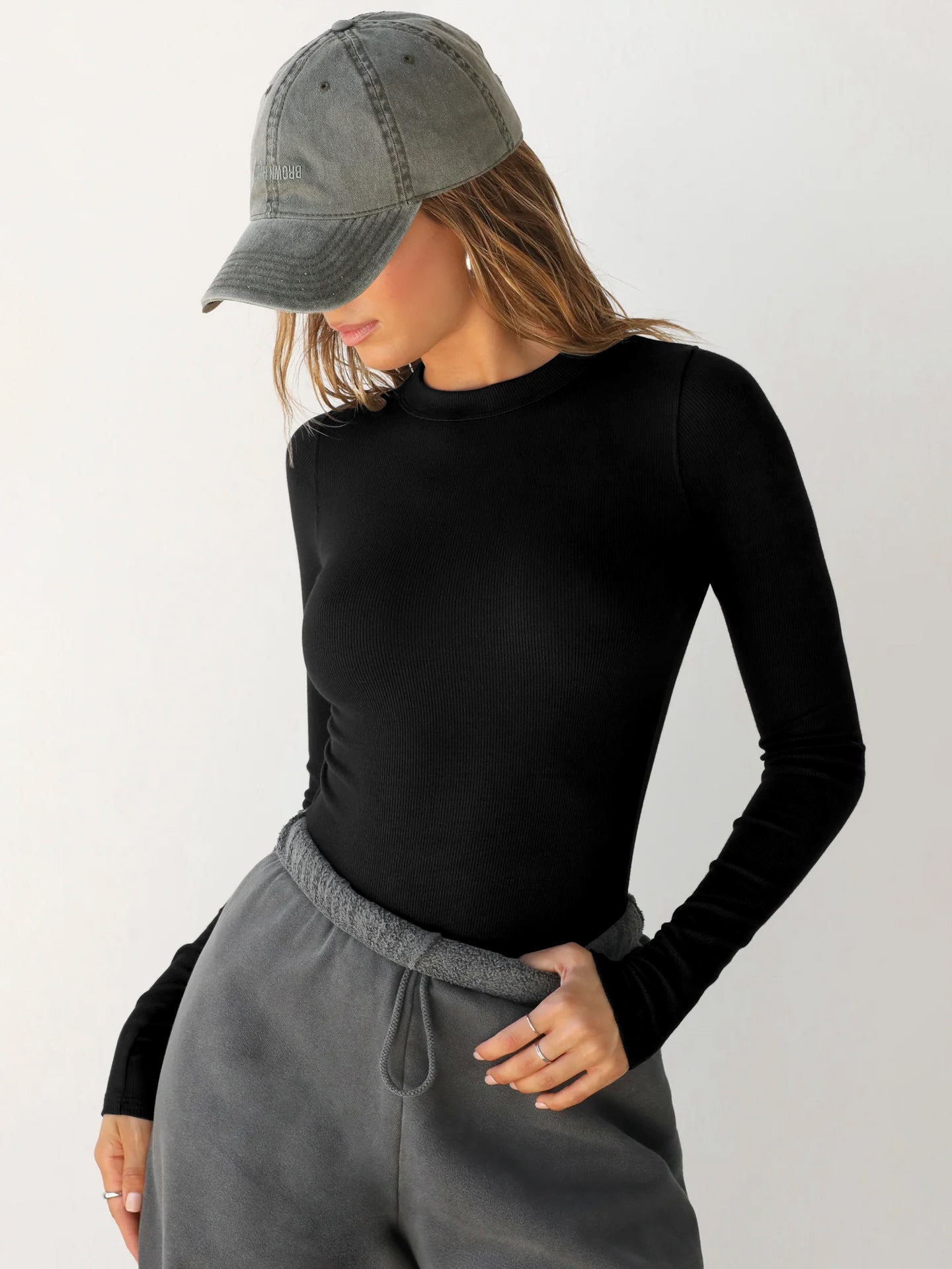 2025New Y2K Threaded Crew Neck Long Sleeve Shirt T Women's T-Shirt Base Layer Slim Fit Off-Shoulder Hot Girl Top Pure Desire