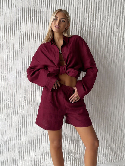Cross-border pure cotton cardigan long sleeve shorts set2025Spring and summer outerwear simple solid color European and American style casual suit for women