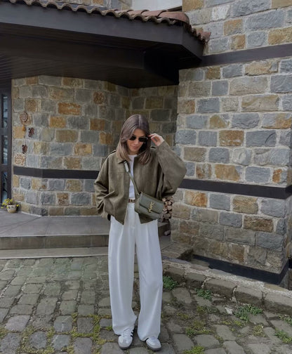 2025Spring and Autumn European and American Style Bomber Jacket with Batwing Sleeves, Zipper, Loose Fit, Suede Texture, Women's Casual Coat B6