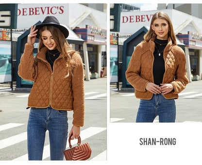 Shiny Velvet2023New Autumn Winter Women's Clothing Cross-border Amazon Cardigan Zipper Long-sleeved stuffed Stitching European and American Coat Women