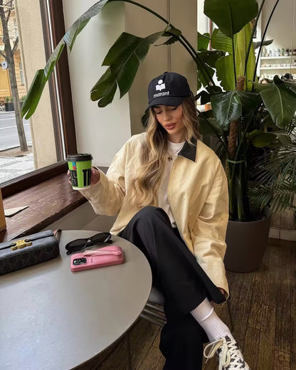 Cross-Border Foreign Trade Women's Clothing2025Autumn European and American Style Turn-Down Collar Long Sleeve Retro Color-Block Jacket Baseball Coat for Women A15057