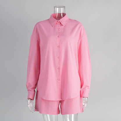 Cross-border pure cotton cardigan long sleeve shorts set2025Spring and summer outerwear simple solid color European and American style casual suit for women