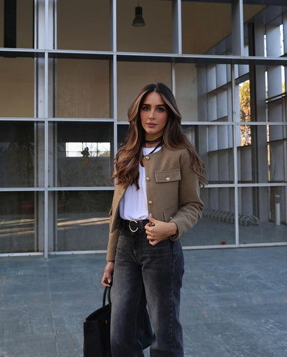 Wholesale Cross-Border Amazon Autumn Winter New Women's Fashion Small Fragrance Style Button Decor Short Blazer B88646