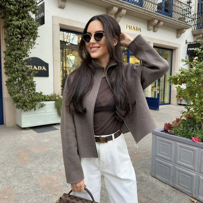 Europe and America2024Spring and Autumn Sports Jacket Stand Collar Loose Long Sleeve Women's Woolen Jacket Coat B88688