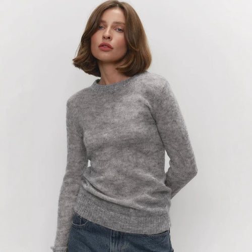 Cross-border Mohair Crew Neck Pullover Sweater European and American Style2025Spring and Summer New Comfortable Knitted Base Semi-Transparent Sweater for Women