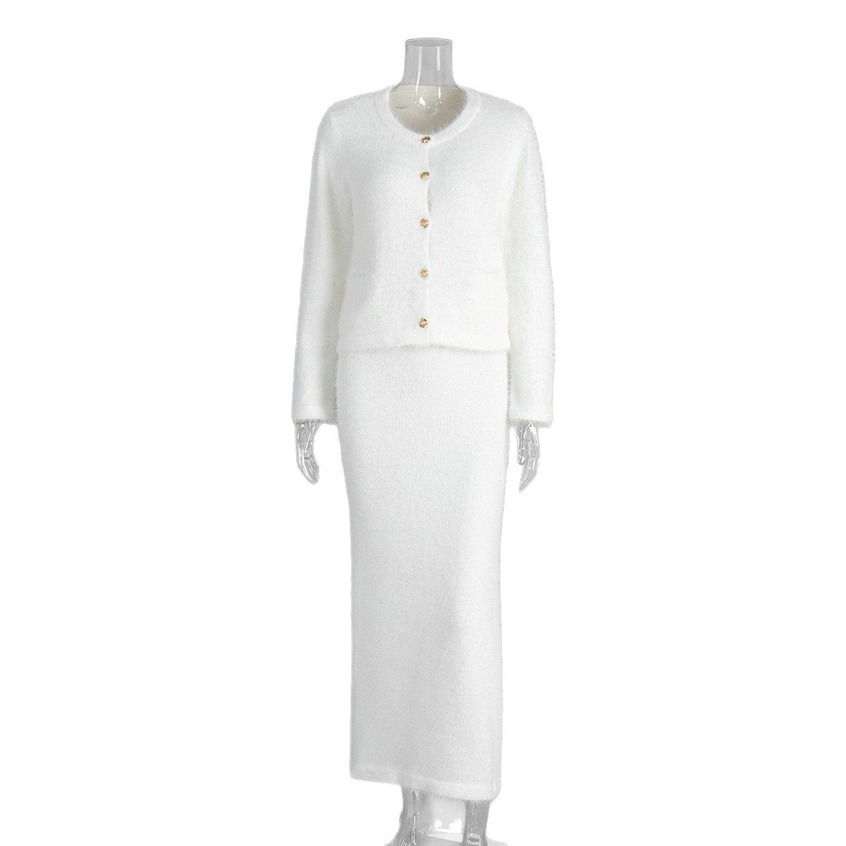 Cross-border Plush Long Sleeve Half-length Dress Set European and American Style2025Autumn and Winter New Single-Breasted Cardigan and Skirt Set