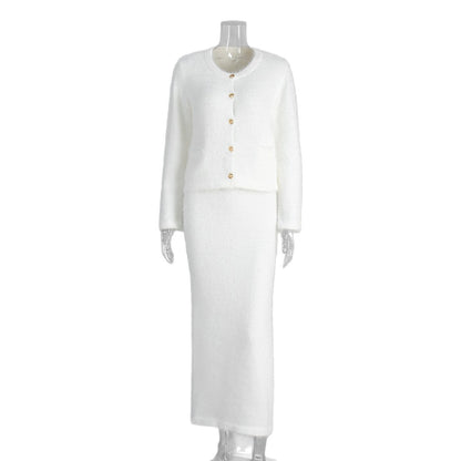 Cross-border Plush Long Sleeve Half-length Dress Set European and American Style2025Autumn and Winter New Single-Breasted Cardigan and Skirt Set