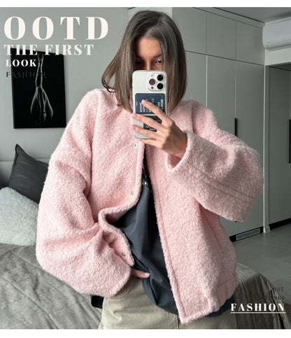 Cross-border Pink Jacket Europe and America2025Winter New Style Elegant Casual Stand Collar Drop Shoulder Short Furry Coat