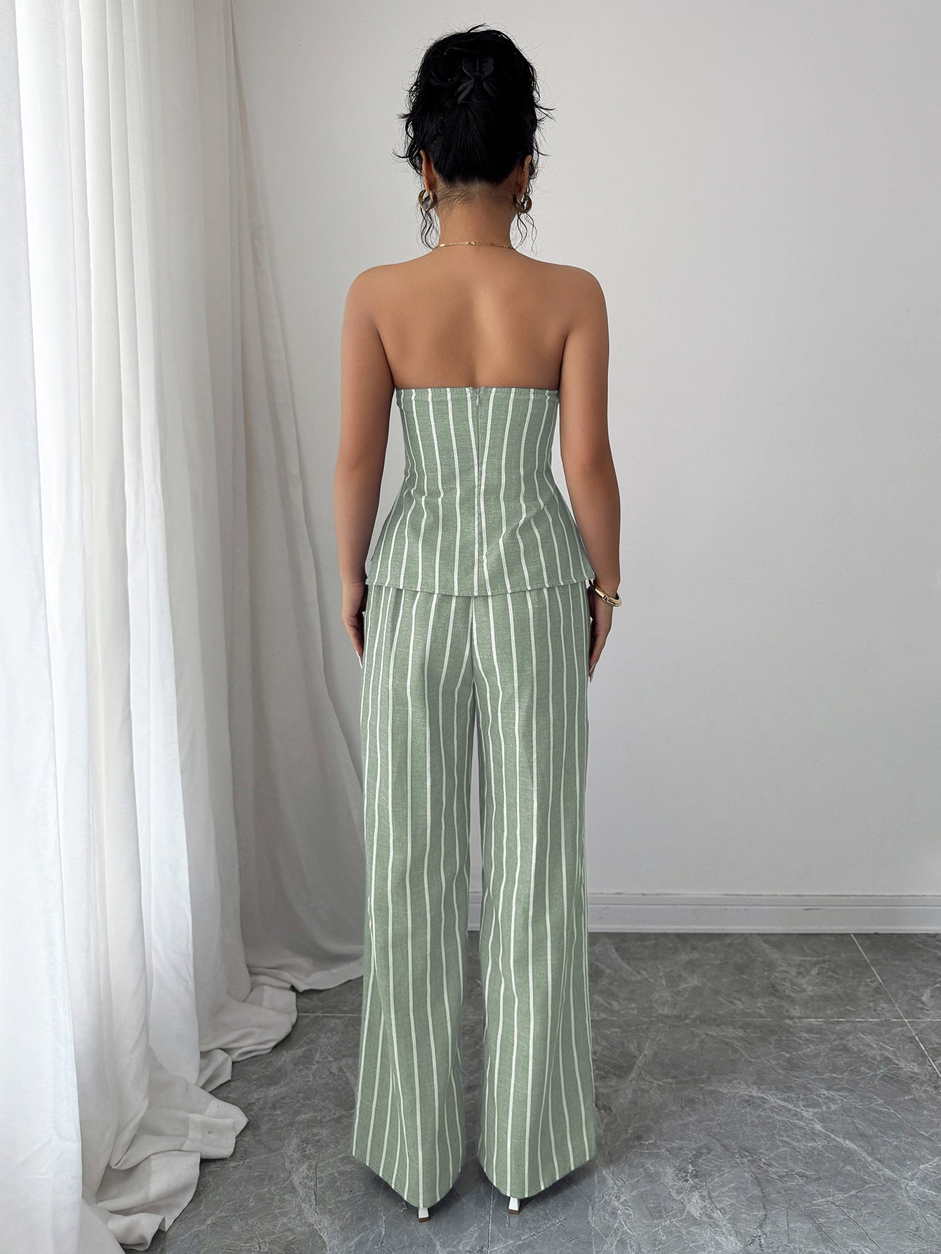 Cross-border Fashion Elegant Strapless Striped Long Pants Two-piece Set Women's Clothing2025Spring and Summer Amazon Non-Iron Comfortable