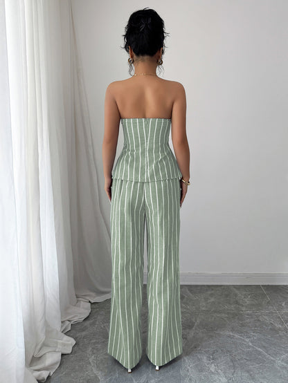 Cross-border Fashion Elegant Strapless Striped Long Pants Two-piece Set Women's Clothing2025Spring and Summer Amazon Non-Iron Comfortable