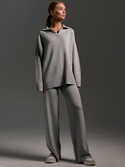 Sultyra Sweater Suit Polo Knitted Pullover Sweater+Wide-leg Pants Two-piece Set