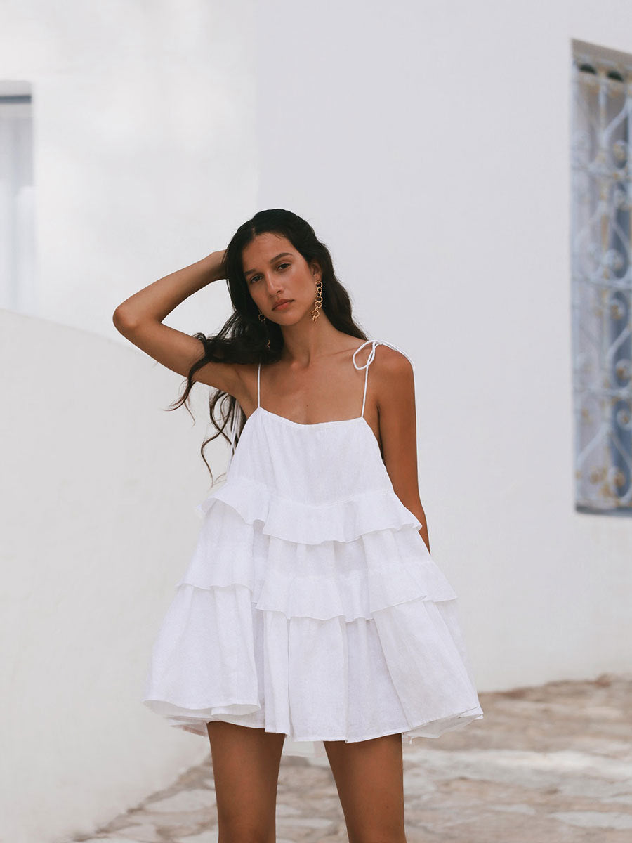 Cross-border spaghetti strap dress European and American style2025Summer Multi-layer Ruffle Cake Dress Short Backless Strap Dress