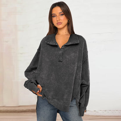 Sultyra Decorative Line Design Sense Top with Slit Lantern Sleeves polo