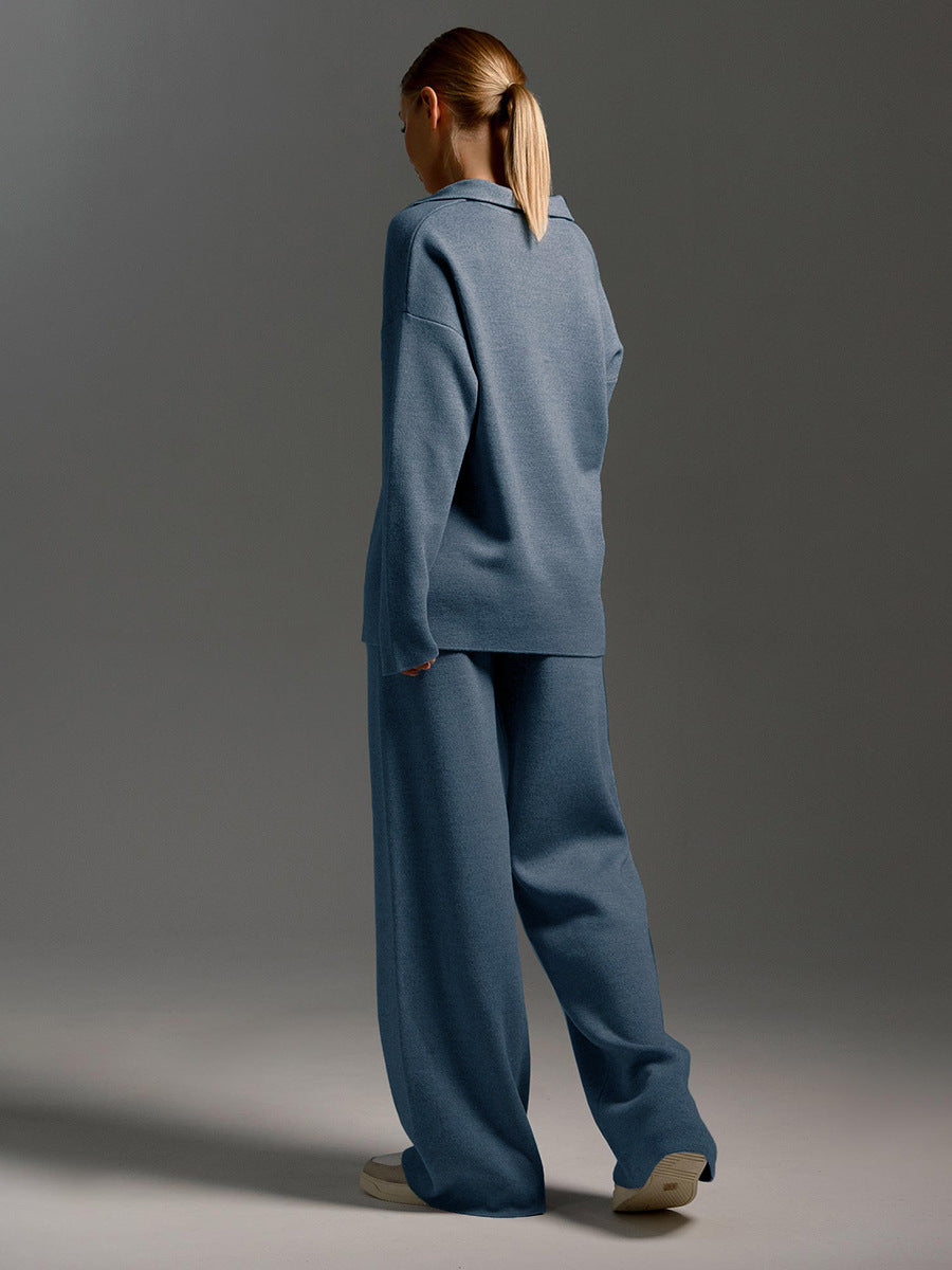 Sultyra Sweater Suit Polo Knitted Pullover Sweater+Wide-leg Pants Two-piece Set