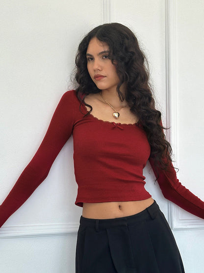 New Long Sleeve t T-shirt Women's Clothing wish Cross-border Trendy Brand Slim Fit Lace Patchwork Hot Girl Top U Collared Base Shirt