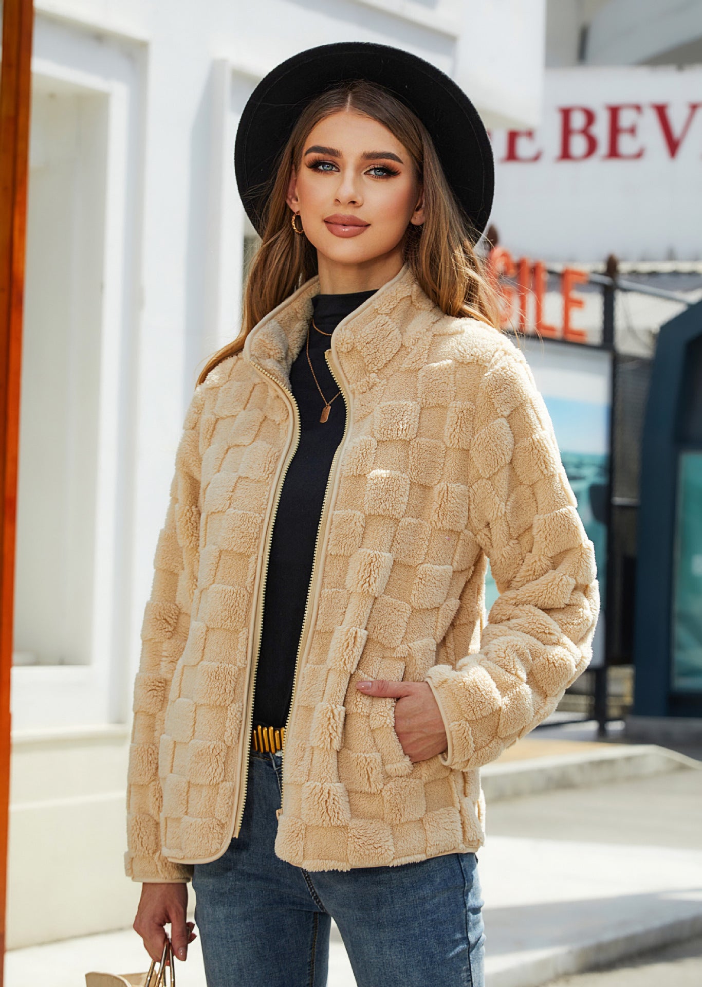 Shiny Velvet2023Autumn and Winter New Cross-Border European and American Women's Long Sleeve Cardigan Zipper Loose Solid Color Plaid Fuzzy Coat