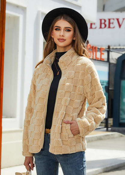 Shiny Velvet2023Autumn and Winter New Cross-Border European and American Women's Long Sleeve Cardigan Zipper Loose Solid Color Plaid Fuzzy Coat