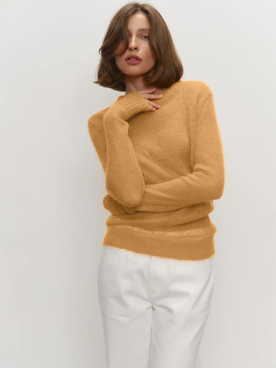 Cross-border Mohair Crew Neck Pullover Sweater European and American Style2025Spring and Summer New Comfortable Knitted Base Semi-Transparent Sweater for Women