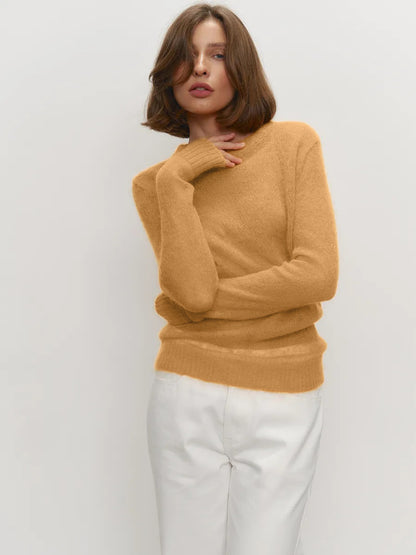Cross-border Mohair Crew Neck Pullover Sweater European and American Style2025Spring and Summer New Comfortable Knitted Base Semi-Transparent Sweater for Women