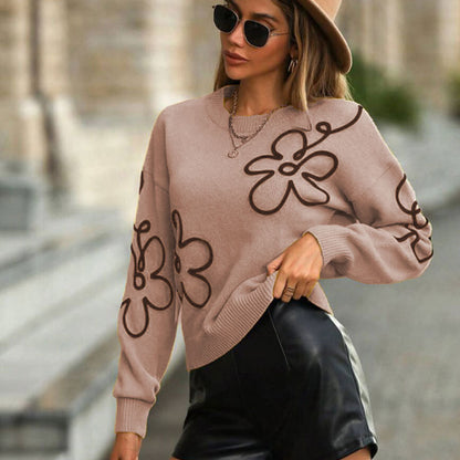 Cross-Border European and American Autumn Winter New Women's Sweater Fashion Flower Three-Dimensional Embroidery Round Neck Pullover Long Sleeve Knitted Sweater for Women