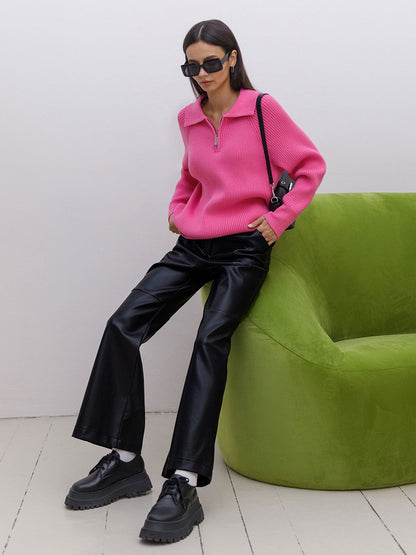 Cross-Border European and American Style2025Autumn and Winter New Trend Versatile Simple Casual Polo Turn-Down Collar Pullover Knitted Sweater