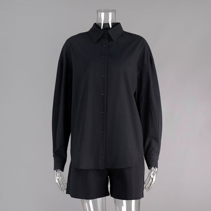 Cross-border pure cotton cardigan long sleeve shorts set2025Spring and summer outerwear simple solid color European and American style casual suit for women