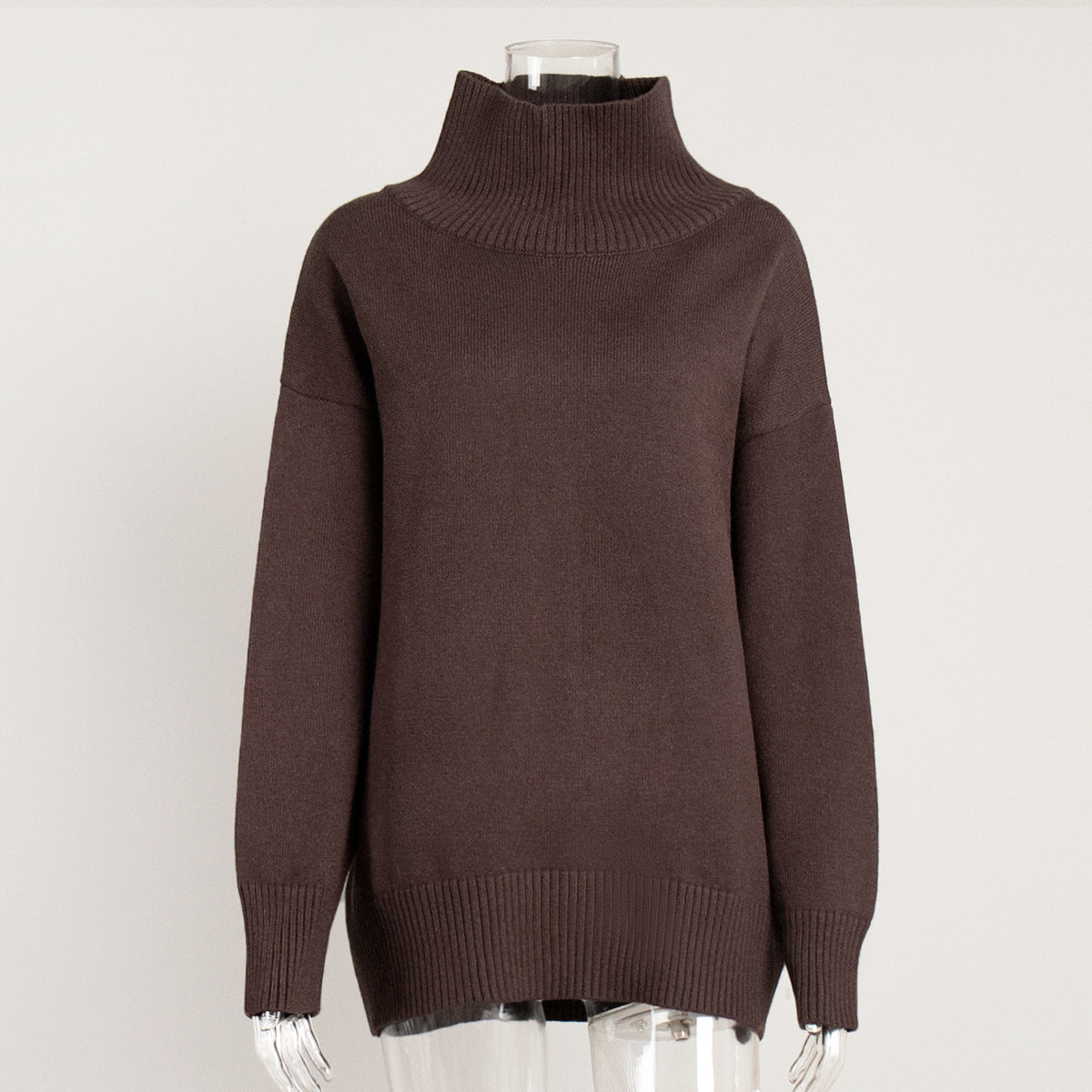 Cross-Border2025Hot-Selling European and American Style Autumn Winter Solid Color High Neck Knitted Sweater Loose Slimming Versatile Knitted Sweater for Women