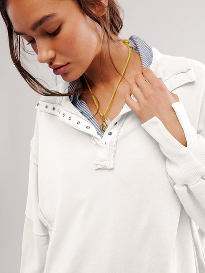 2024Amazon Hot-Selling Design Women's High-Quality Lantern Sleeve Decorative Line Split Collar Loose Sweatshirt