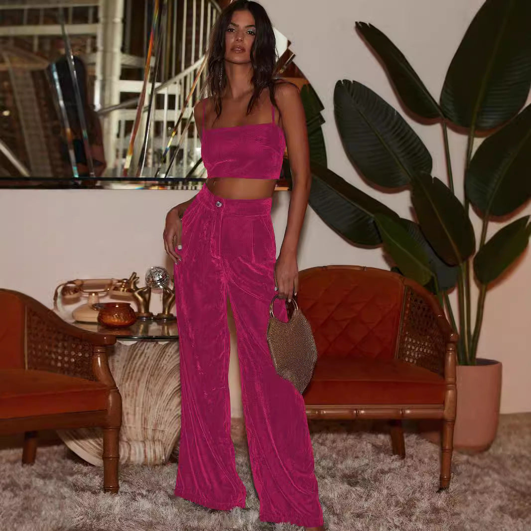 Sultyra Suede Loose Button Slimming Straight Wide-Leg Pants