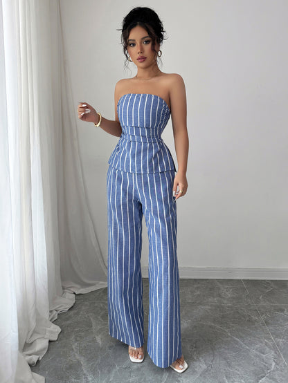 Cross-border Fashion Elegant Strapless Striped Long Pants Two-piece Set Women's Clothing2025Spring and Summer Amazon Non-Iron Comfortable