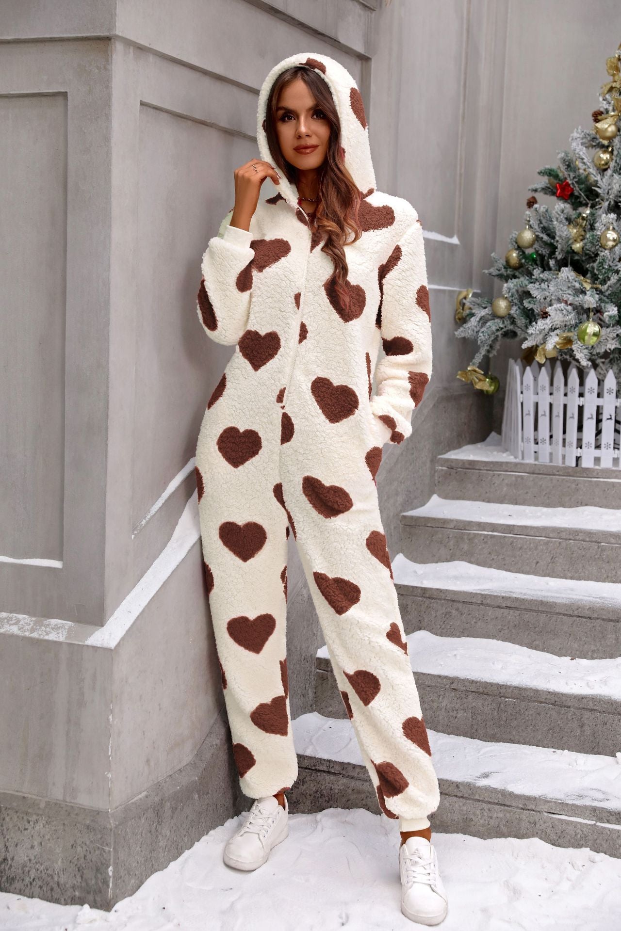 Shiny Velvet2023Cross-border European and American Women's Clothing Amazon Autumn and Winter New Plush Love Heart Print Christmas Hooded Jumpsuit